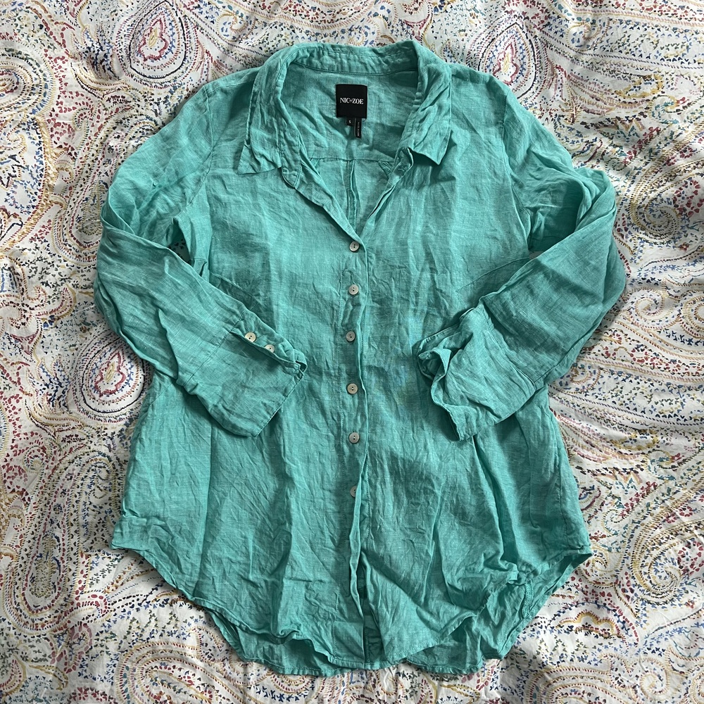 EUC NIC+ZOE aqua linen long sleeve buttondown top